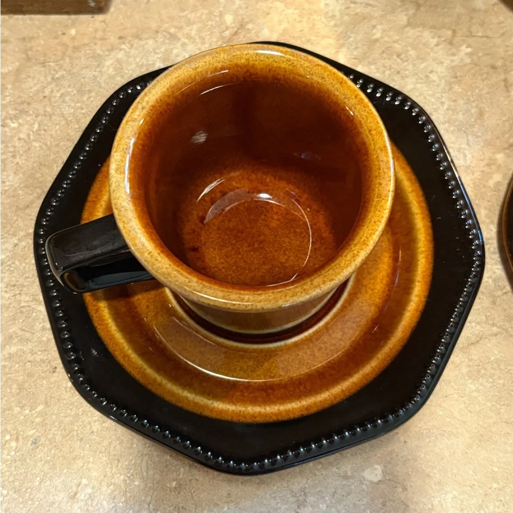 Vintage Sears Ironstone Octagon Amber Black and Brown Coffee Cup Set of 2